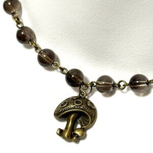 Natural Smoky Quartz Short Necklace, Genuine Gemstone + Bronze Round Mushroom